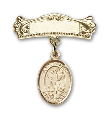 Pin Badge with St. Elmo Charm and Arched Polished Engravable Badge Pin - 14K Solid Gold