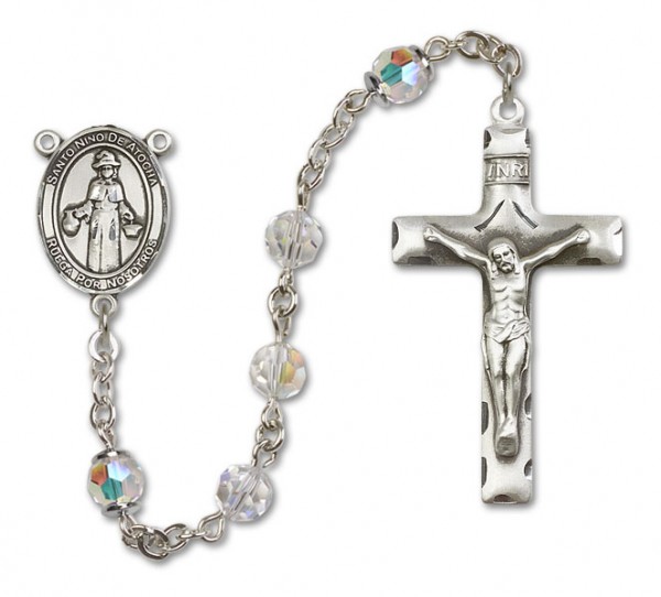 St. Nino de Atocha Sterling Silver Heirloom Rosary Squared Crucifix - Crystal