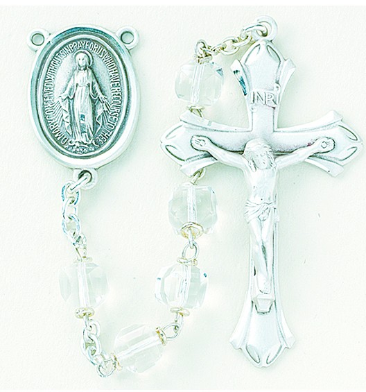 8mm Tin Cut Cube Crystal Bead Rosary in Sterling Silver - Crystal