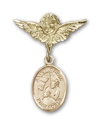 Pin Badge with St. Edwin Charm and Angel with Smaller Wings Badge Pin - Gold Tone