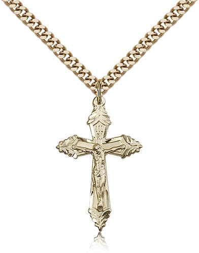 Men's Leafy Tip Crucifix Medal - 14KT Gold Filled