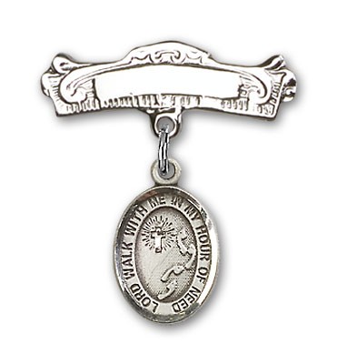 Pin Badge with Footprints Cross Charm and Arched Polished Engravable Badge Pin - Silver tone
