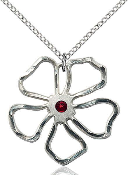 Five Petal Flower Pendant with Birthstone Center - Garnet