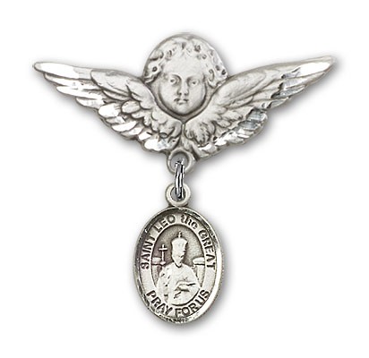 Pin Badge with St. Leo the Great Charm and Angel with Larger Wings Badge Pin - Silver tone