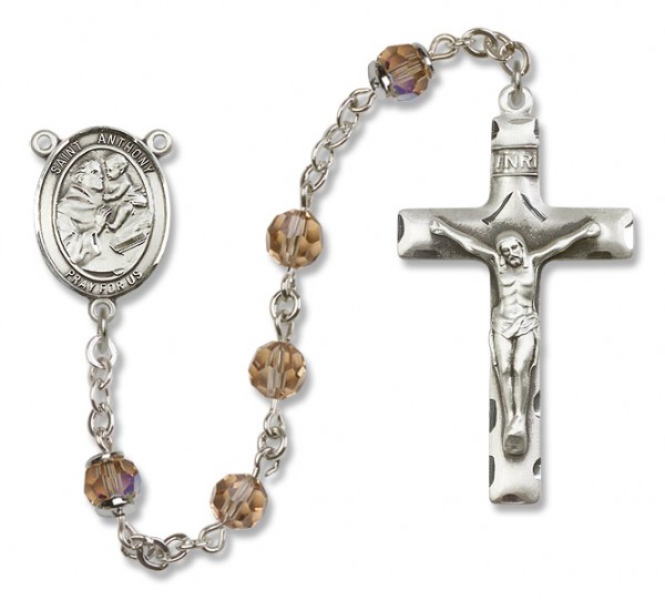 St. Anthony of Padua Sterling Silver Heirloom Rosary Squared Crucifix - Topaz