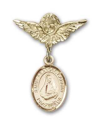 Pin Badge with St. Frances Cabrini Charm and Angel with Smaller Wings Badge Pin - Gold Tone