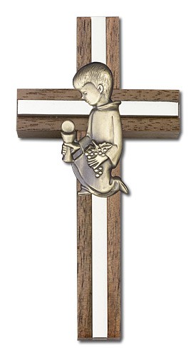 First Communion Boy Wall Cross in Walnut and Metal Inlay 4 inch - Two-Tone Silver