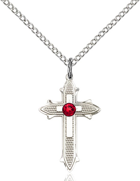 Polished and Textured Cross Pendant with Birthstone Options - Ruby Red
