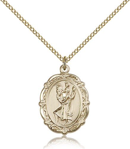 Floral Border Oval St. Christopher Necklace - 14KT Gold Filled