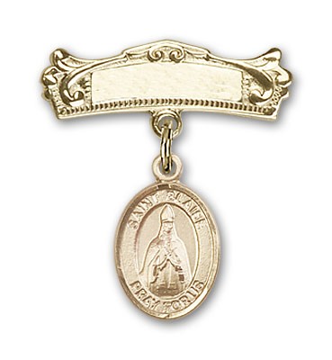 Pin Badge with St. Blaise Charm and Arched Polished Engravable Badge Pin - Gold Tone
