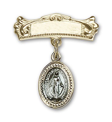Baby Pin with Blue Miraculous Charm and Arched Polished Engravable Badge Pin - Gold Plated