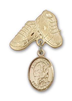 Pin Badge with St. Jerome Charm and Baby Boots Pin - 14K Solid Gold