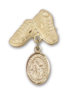 Pin Badge with St. Gabriel the Archangel Charm and Baby Boots Pin - Gold Tone