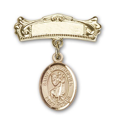 Pin Badge with St. Christopher Charm and Arched Polished Engravable Badge Pin - 14K Solid Gold