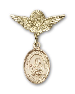 Pin Badge with St. Francis Xavier Charm and Angel with Smaller Wings Badge Pin - 14K Solid Gold