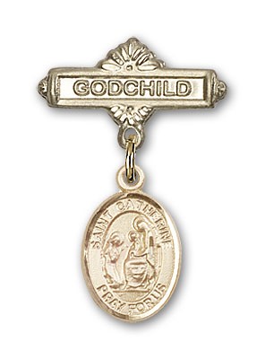 Pin Badge with St. Catherine of Siena Charm and Godchild Badge Pin - 14K Solid Gold