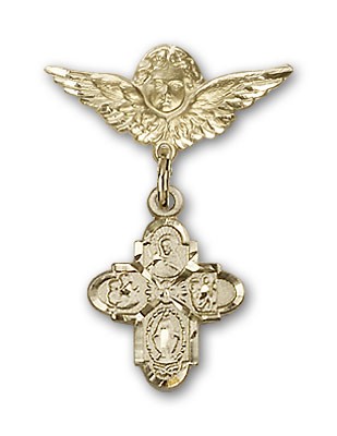 Pin Badge with 4-Way Charm and Angel with Smaller Wings Badge Pin - Gold Tone