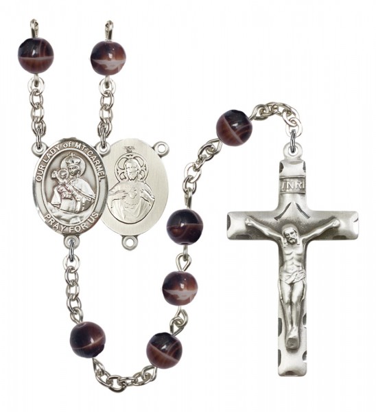 Men's Our Lady of Mount Carmel Silver Plated Rosary - Brown