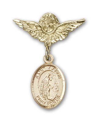 Pin Badge with St. Aaron Charm and Angel with Smaller Wings Badge Pin - 14K Solid Gold
