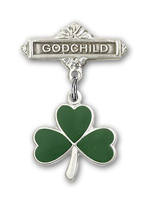 Baby Badge with Shamrock Charm and Godchild Badge Pin - Silver tone