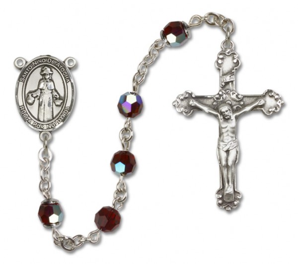 St. Nino de Atocha Sterling Silver Heirloom Rosary Fancy Crucifix - Garnet