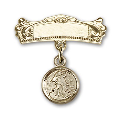 Baby Pin with Guardian Angel Charm and Arched Polished Engravable Badge Pin - Gold Tone