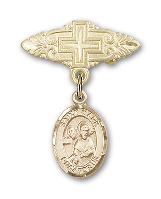 Pin Badge with St. Mark the Evangelist Charm and Badge Pin with Cross - Gold Tone