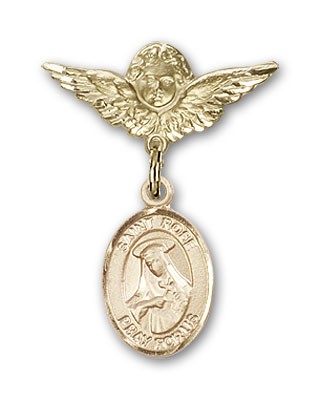 Pin Badge with St. Rose of Lima Charm and Angel with Smaller Wings Badge Pin - 14K Solid Gold