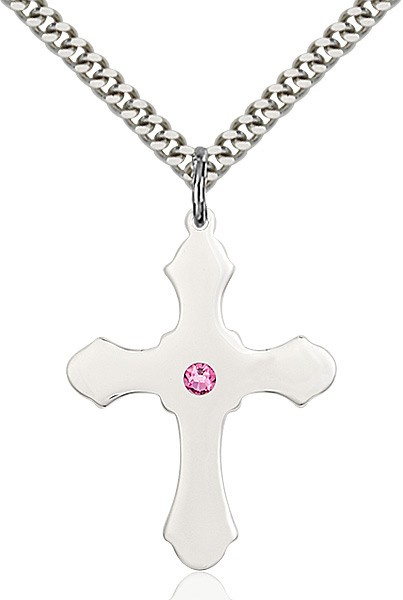 Large High Polished Soft Edge Cross Pendant with Birthstone Options - Rose