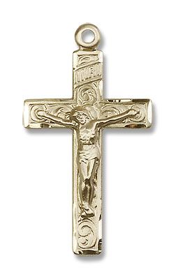 Women's Scroll Design Crucifix Necklace - 14K Solid Gold