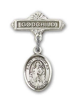 Pin Badge with St. Nicholas Charm and Godchild Badge Pin - Silver tone