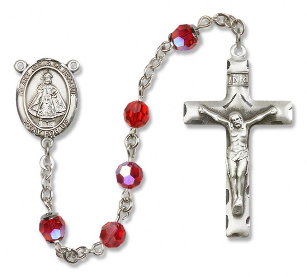 Infant of Prague Sterling Silver Heirloom Rosary Squared Crucifix - Ruby Red