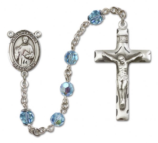 St. Placidus Sterling Silver Heirloom Rosary Squared Crucifix - Aqua