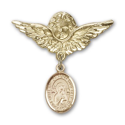 Pin Badge with Our Lady of Perpetual Help Charm and Angel with Larger Wings Badge Pin - Gold Tone