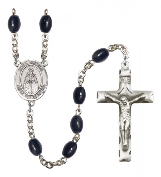 Men's Our Lady Rosa Mystica Silver Plated Rosary - Black Oval
