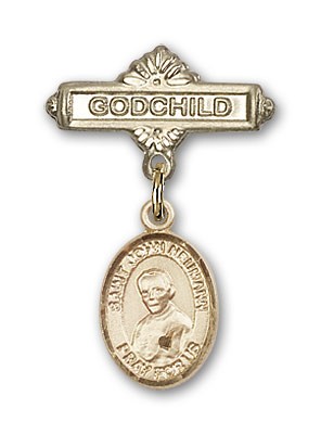 Pin Badge with St. John Neumann Charm and Godchild Badge Pin - 14K Solid Gold