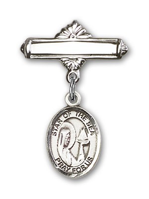 Pin Badge with Our Lady Star of the Sea Charm and Polished Engravable Badge Pin - Silver tone