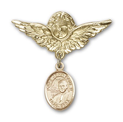 Pin Badge with Pope John Paul II Charm and Angel with Larger Wings Badge Pin - 14K Solid Gold