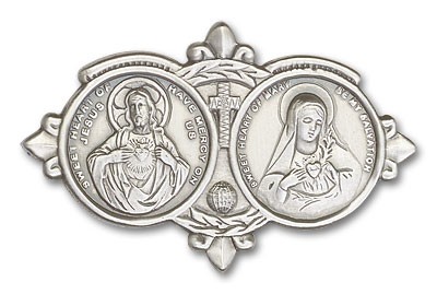Sacred Heart of Jesus and Immaculate Heart of Mary Visor Clip - Antique Silver