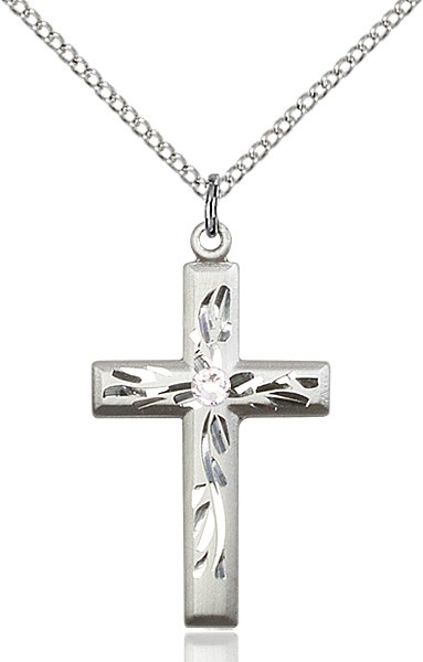 Squared Edge Cross with Vine Etching with Birthstone Options - Crystal