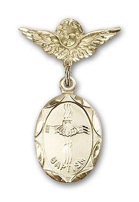 Baby Pin with Baptism Charm and Angel with Smaller Wings Badge Pin - 14K Solid Gold