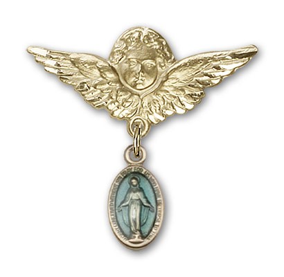 Pin Badge with Blue Miraculous Charm and Angel with Larger Wings Badge Pin - 14KT Gold Filled