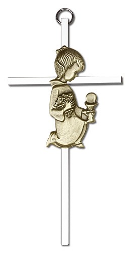 First Communion Girl Cross  6 inch - Two-Tone Silver