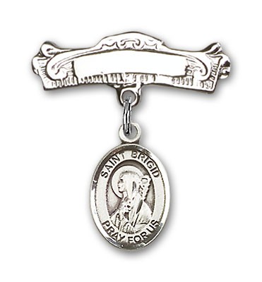 Pin Badge with St. Brigid of Ireland Charm and Arched Polished Engravable Badge Pin - Silver tone