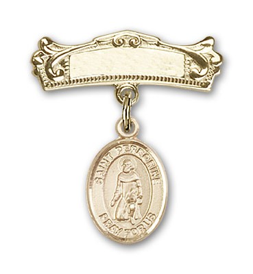 Pin Badge with St. Peregrine Laziosi Charm and Arched Polished Engravable Badge Pin - Gold Tone