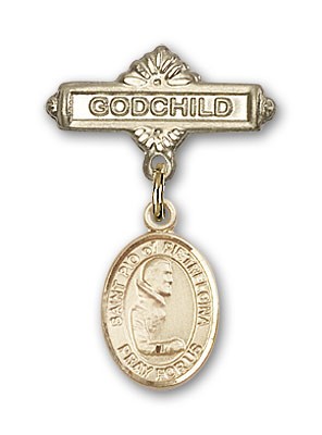 Pin Badge with St. Pio of Pietrelcina Charm and Godchild Badge Pin - Gold Tone