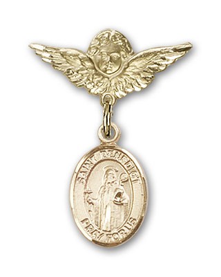 Pin Badge with St. Benedict Charm and Angel with Smaller Wings Badge Pin - Gold Tone