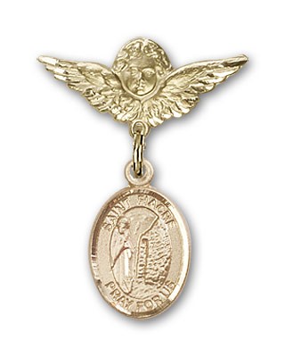 Pin Badge with St. Fiacre Charm and Angel with Smaller Wings Badge Pin - Gold Tone