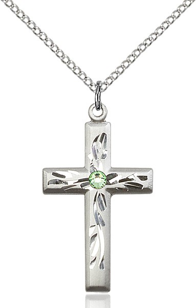 Squared Edge Cross with Vine Etching with Birthstone Options - Peridot