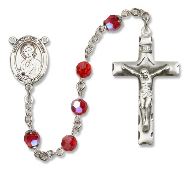 St. Dominic Savio Sterling Silver Heirloom Rosary Squared Crucifix - Ruby Red